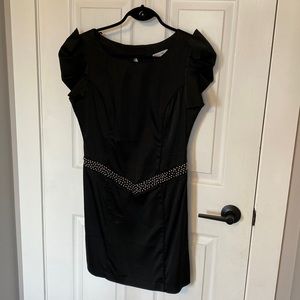 M dress, puff short sleeve, black satin with silver studded detail